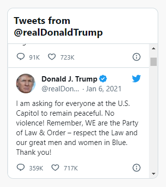 Donald Trump twitter asking for peace in Twitter post January 6th